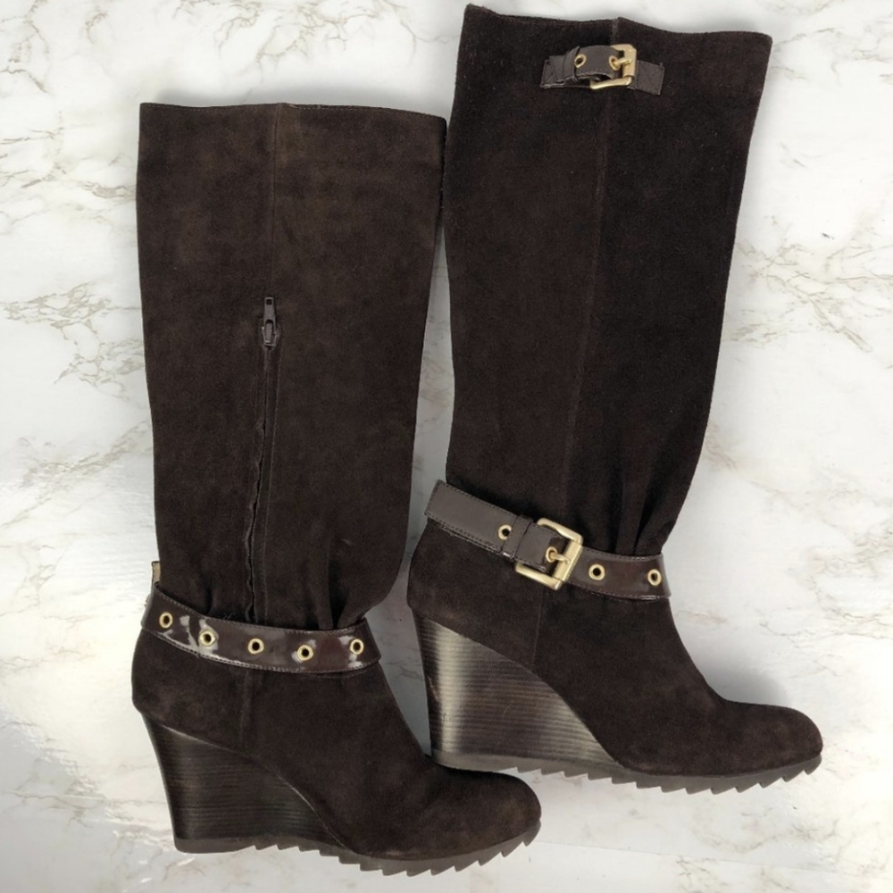 Michael Kors Chocolate Brown Suede Leather Wedge Tall Boots 6 - Picture 4 of 9